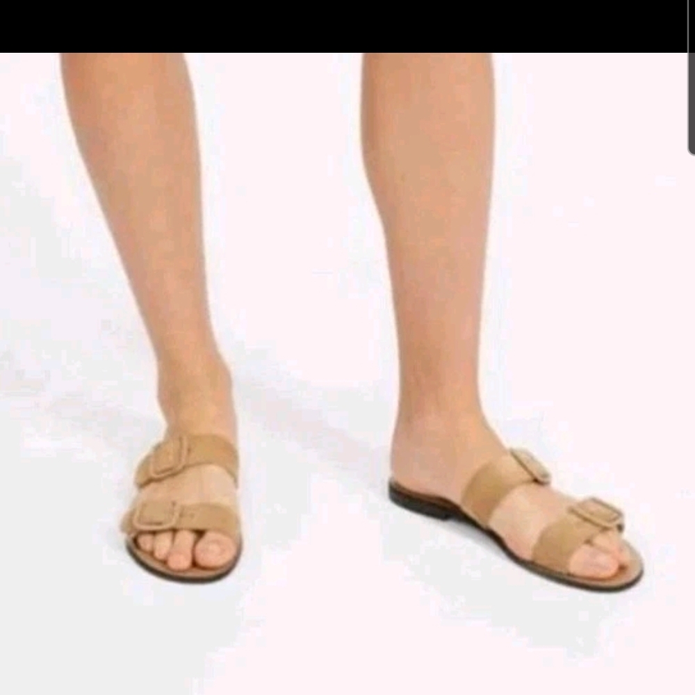 Everlane Italian Leather Suede Modern Buckle Sandal, Sand Brown Tan, 7